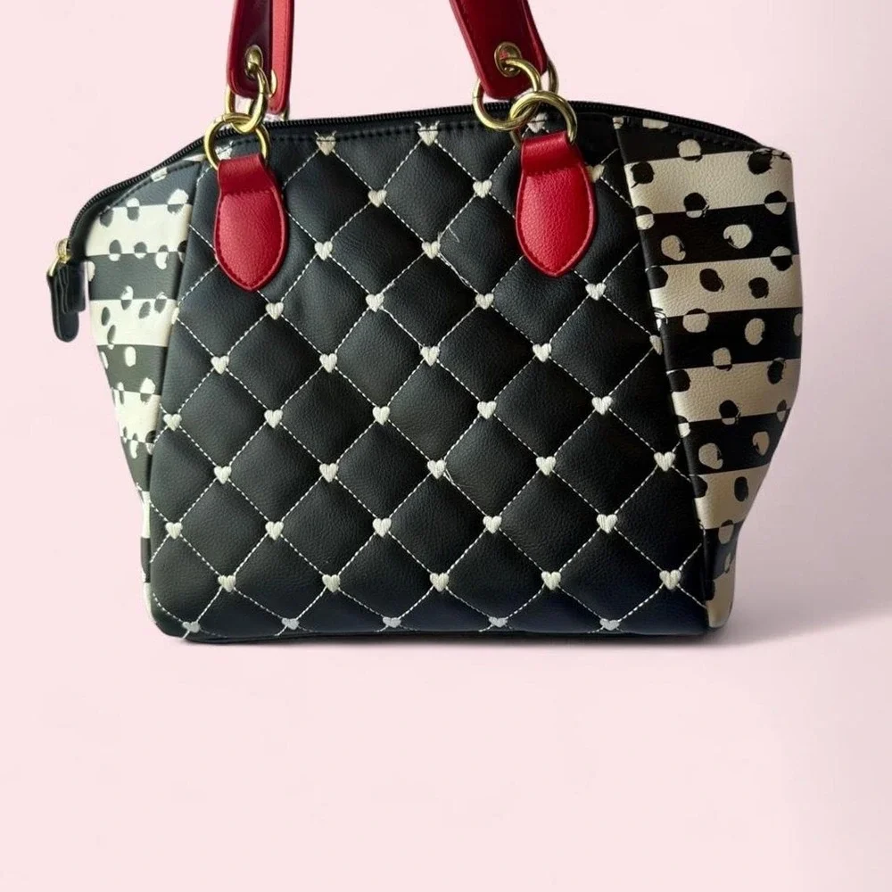 Luv Betsey Johnson Quilted Heart Satchel Bag Black White Red Polka Dot Striped